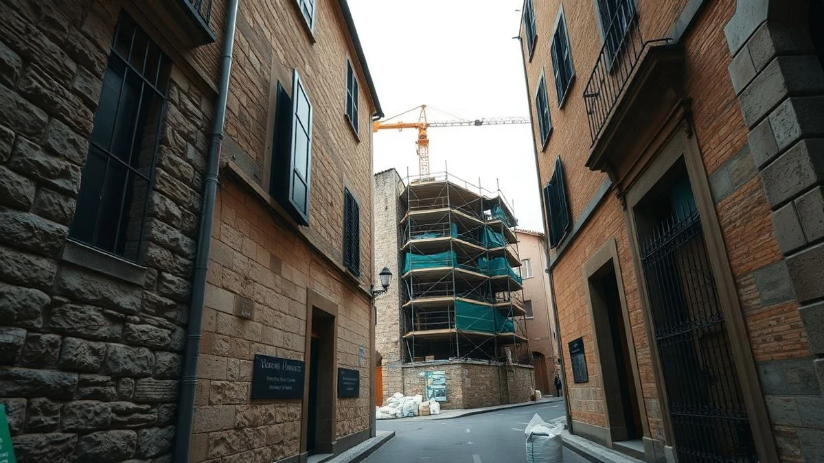 Imagen ilustrativa: calle estrecha de un casco antiguo con obras de construcción y andamios en un día nublado