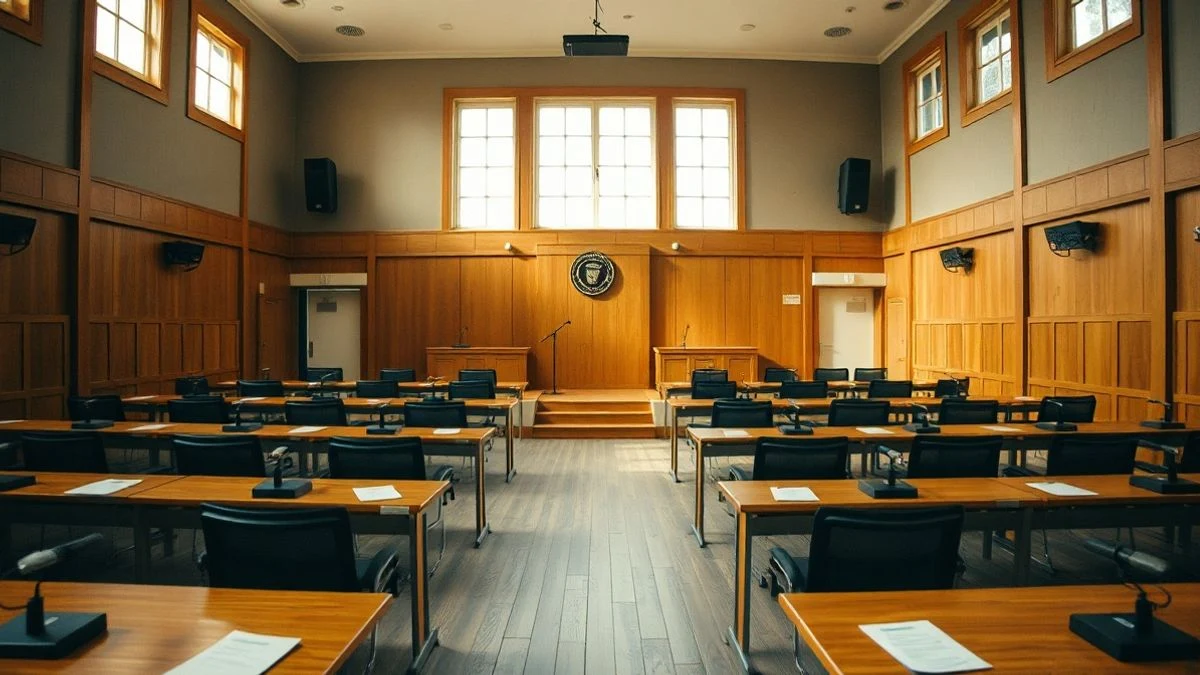 Imagen ilustrativa: sala de plenos municipal vacía con bancos de madera y atril, iluminada por luz natural de ventanas laterales.