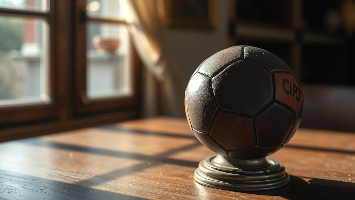 Imagen ilustrativa: un trofeo antiguo de fútbol junto a un balón de cuero desgastado sobre una mesa de madera, con luz natural suave.