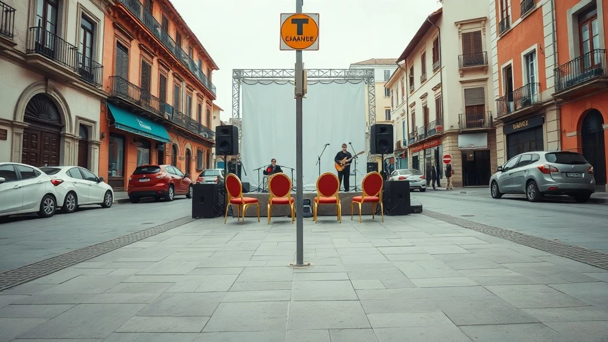 Imagen ilustrativa: plaza de un pueblo español con un escenario preparado para un acto musical, sin asistentes, a la luz del día.