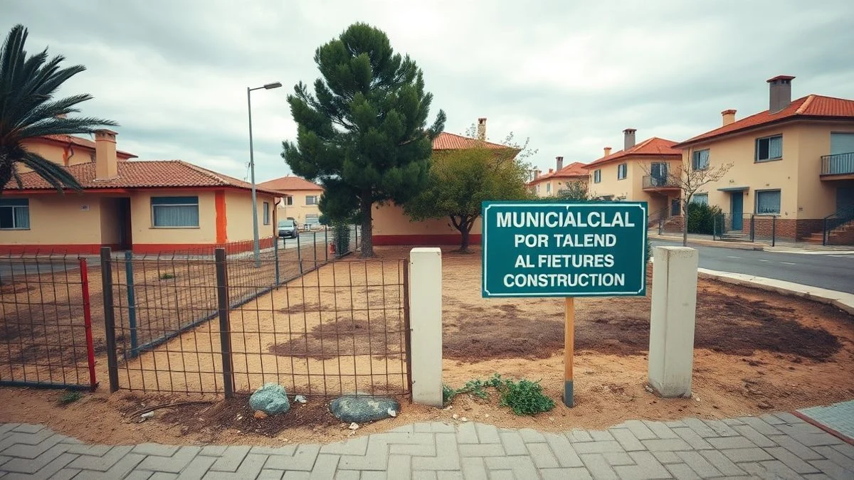 Imagen ilustrativa: parcela municipal vallada con cartel de futura construcción de viviendas, en un entorno urbano de Bétera.