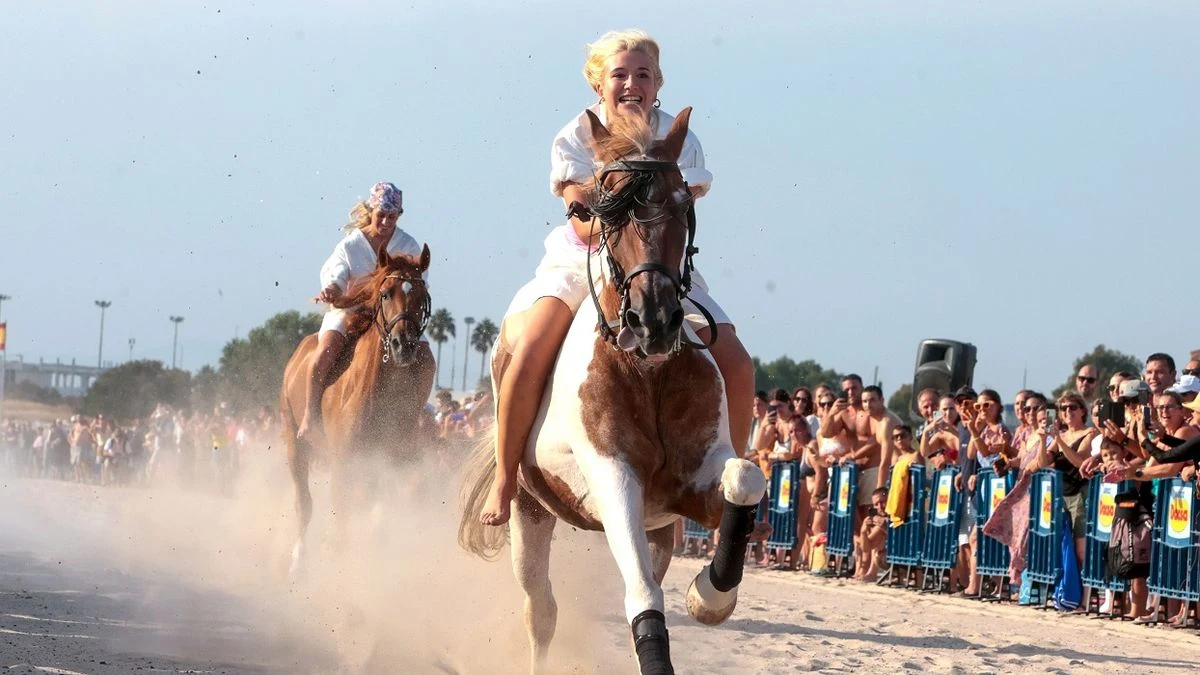 Imagen ilustrativa: playa de arena con huellas de caballos y una estaca con una banderola al viento, bajo un cielo despejado.