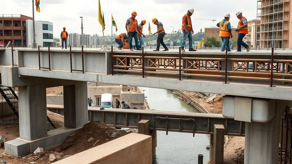 Imagen ilustrativa: obras de rehabilitación de un puente de hormigón con un vuelo en construcción sobre un barranco seco, con andamios y barandillas metálicas.