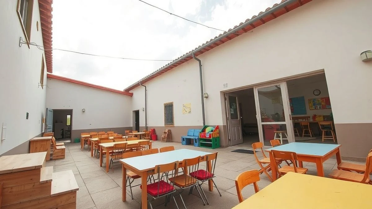 Illustrative image: outdoor schoolyard with tables and colourful awnings, no people, under a cloudy sky.
