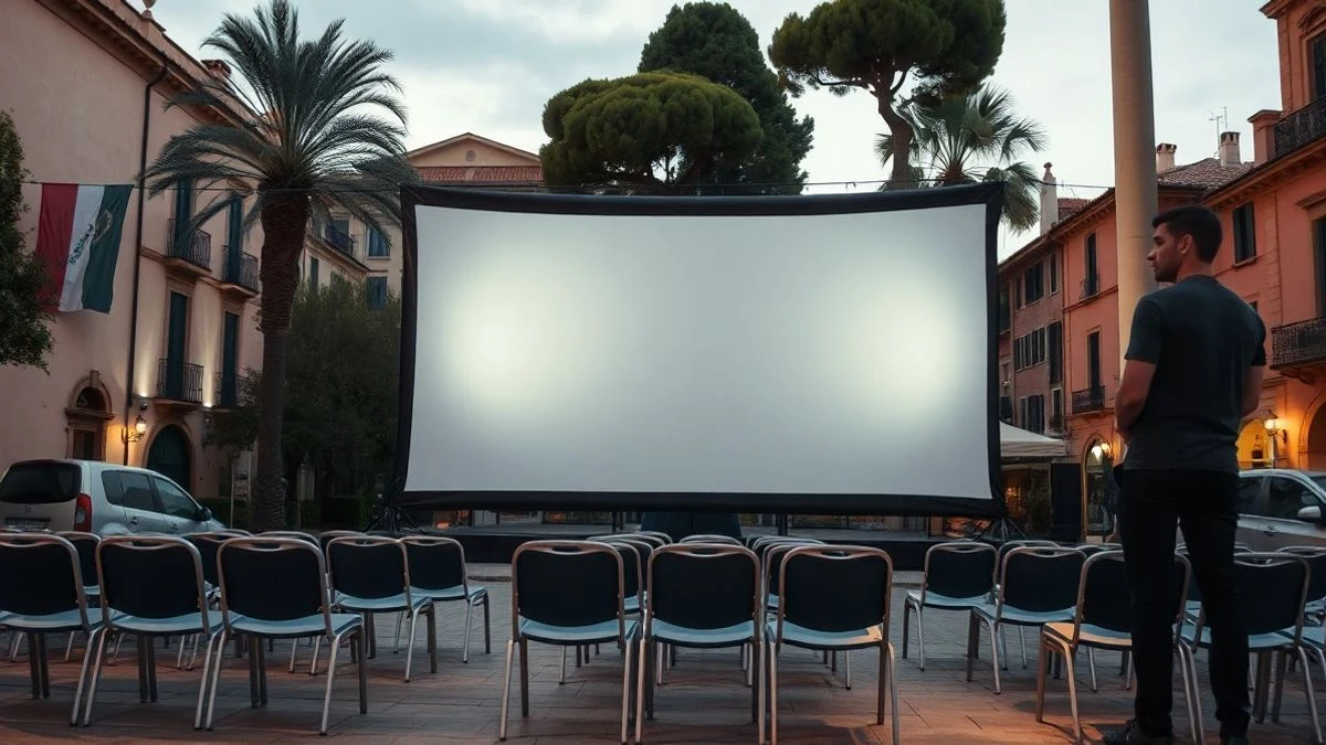 Illustrative image: outdoor cinema screen in a Spanish square, with empty chairs and sunset