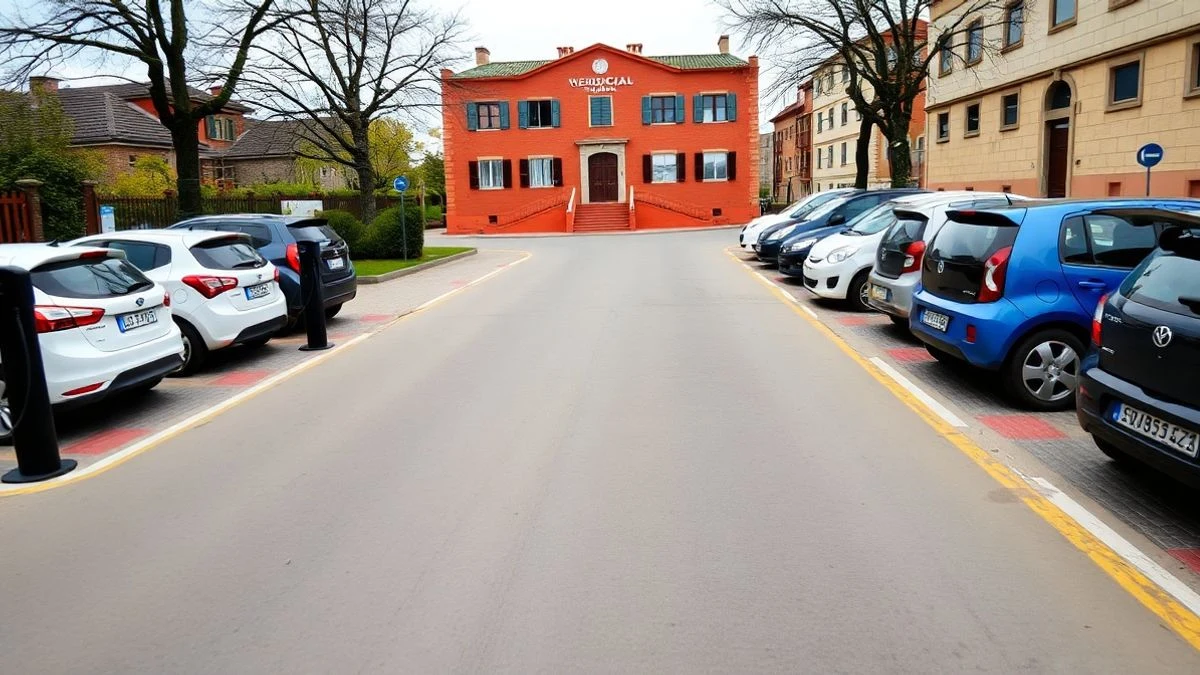 Imagen ilustrativa: calle de un municipio español con coches aparcados y un edificio institucional al fondo, en un día nublado.