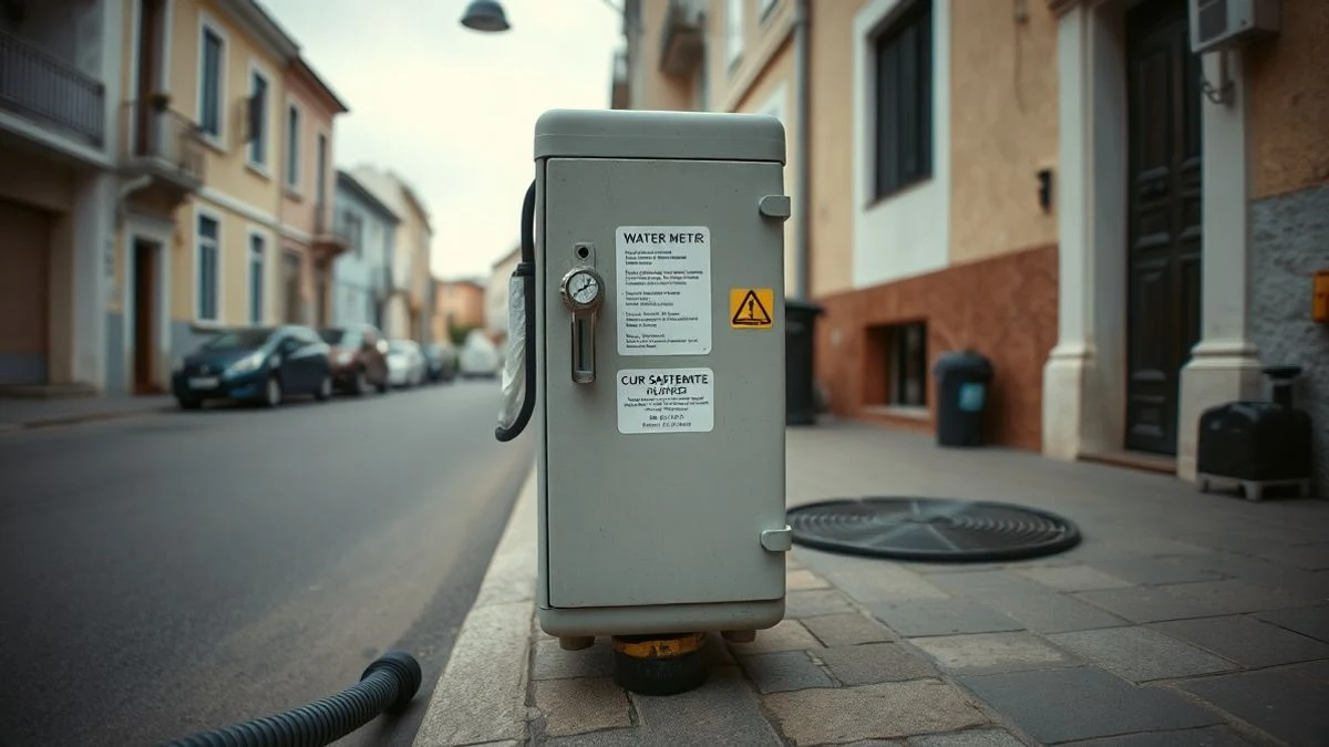 Imagen ilustrativa: una caja de contador de agua en una acera de una calle residencial, con una manguera y un paisaje urbano de fondo