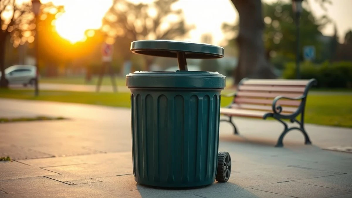 Imagen ilustrativa: una papelera urbana moderna de plástico reciclado en una acera con un parque al fondo