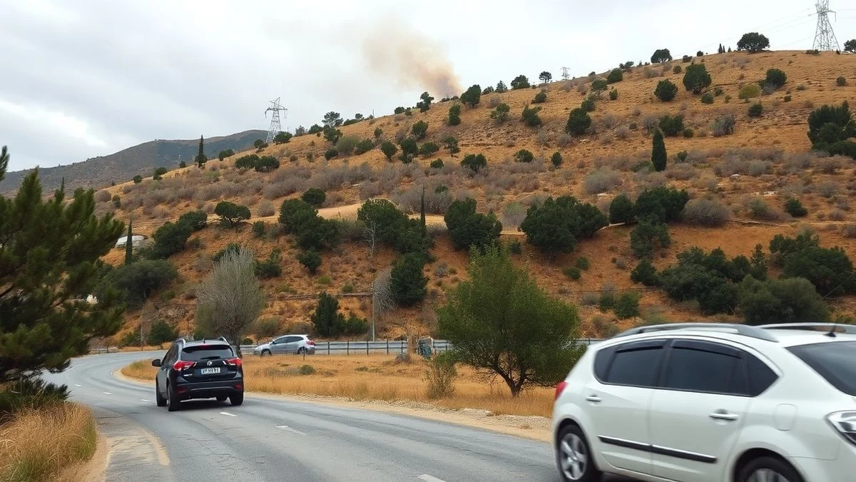 Imagen ilustrativa: columna de humo en un paisaje forestal mediterráneo con pista de desbroce