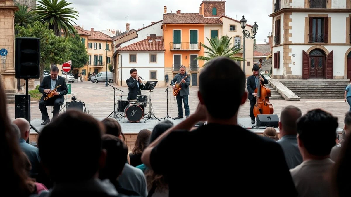 Illustrative image: a music band playing on an outdoor stage in a square, viewed from a distance and from behind.