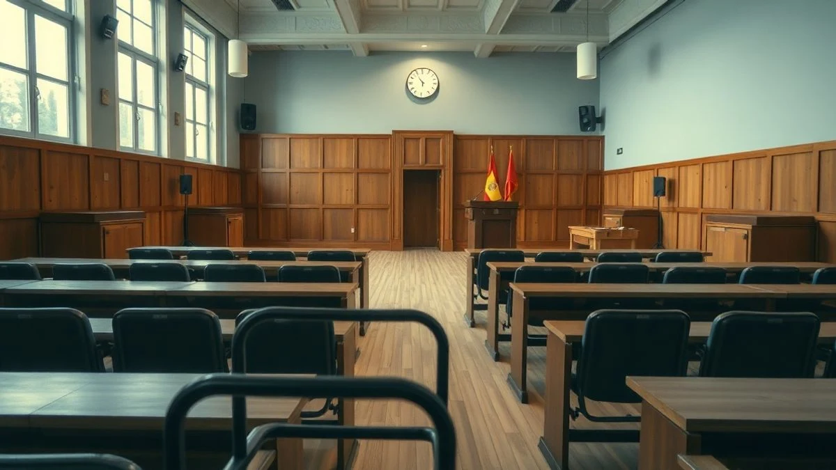 Illustrative image: empty plenary hall of a Spanish town hall, with natural light coming through side windows.