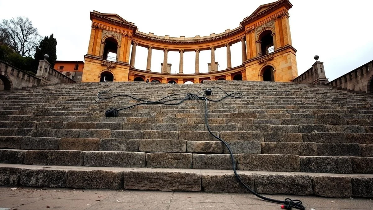 Illustrative image: stone tiers of an ancient Roman theatre with modern stage lights in the background, under a cloudy sky.