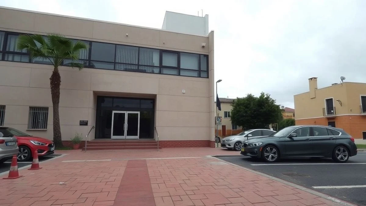 Imagen ilustrativa: entrada de un edificio municipal moderno en una localidad española, con camino y árboles, bajo un cielo nublado.