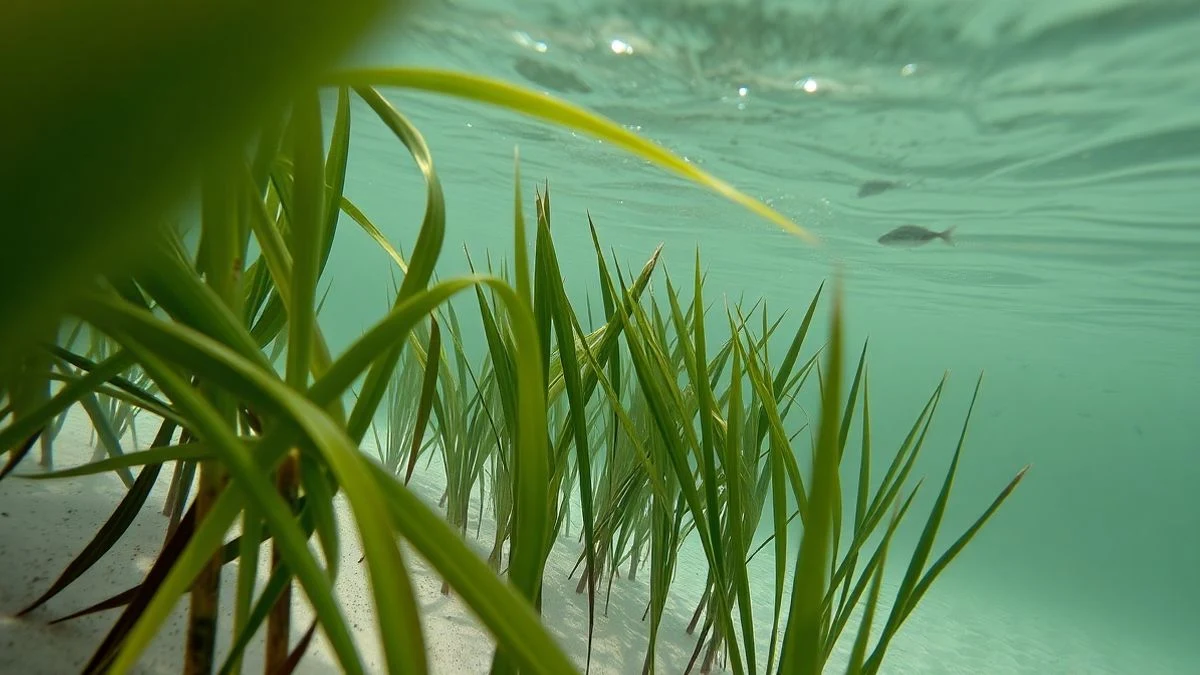 Imagen ilustrativa: pradera de posidonia oceánica bajo el agua con luz filtrada y peces pequeños