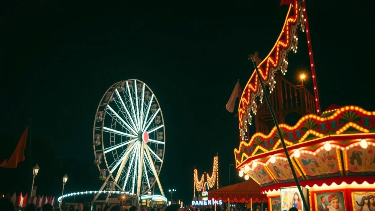 Imagen ilustrativa: noria y luces de un recinto ferial de noche, con siluetas de personas al fondo.