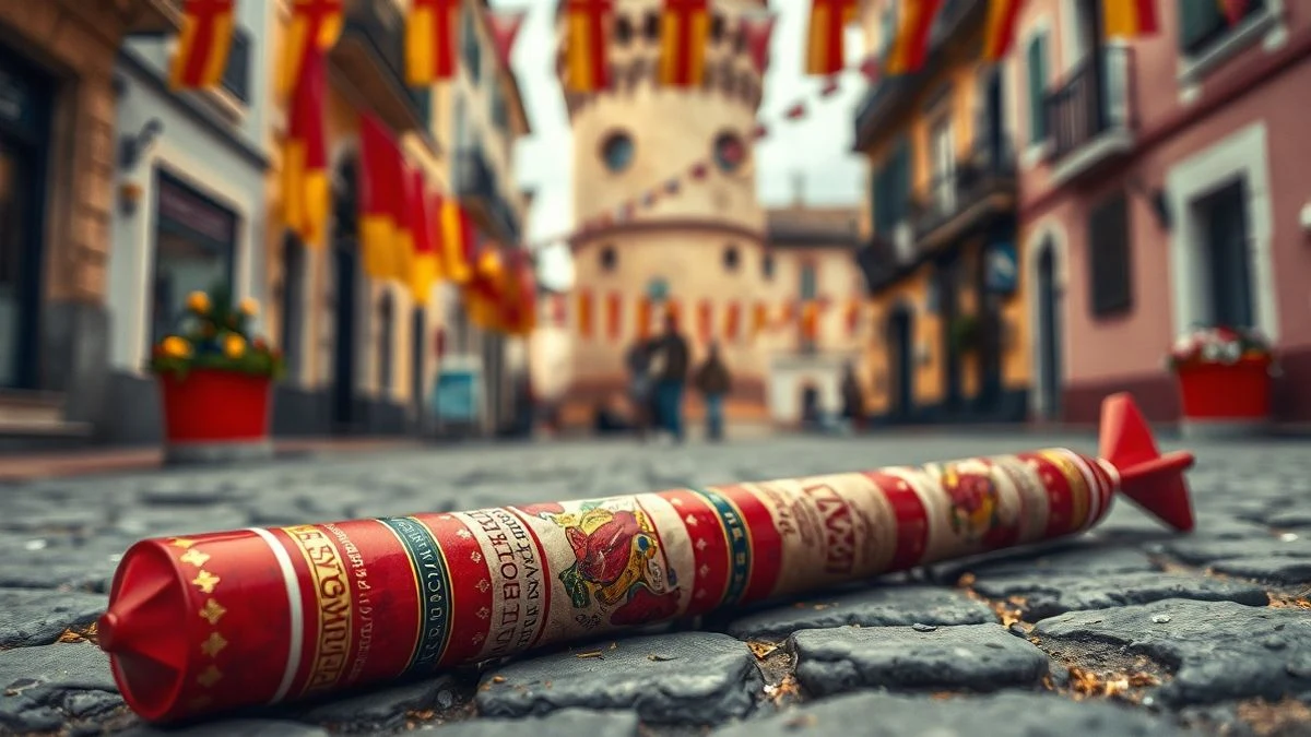 Imagen ilustrativa: un cohete tradicional sobre adoquines con un castillo al fondo desenfocado