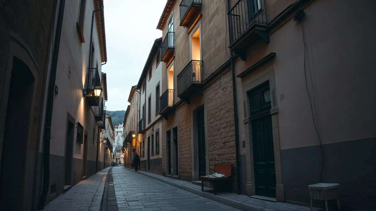 Imagen ilustrativa: calle estrecha de un pueblo español con campanario y mural cerámico al fondo, iluminada por farola.