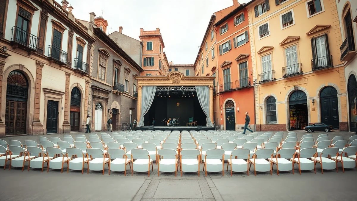 Imagen ilustrativa: plaza de un pueblo con escenario y sillas vacías preparadas para un acto festivo.