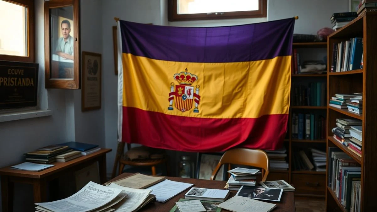 Illustrative image: a restored republican flag in a municipal archive room, with old documents on a table.