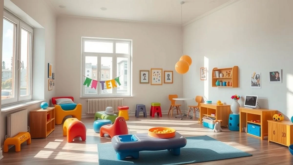 Imagen ilustrativa: sala de terapia sensorial luminosa con paneles de colores y materiales táctiles, sin personas.