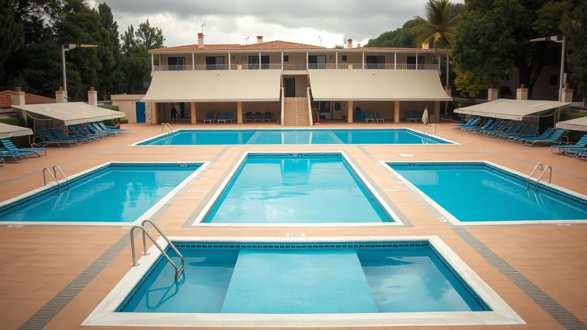 Imagen ilustrativa: piscinas municipales al aire libre con sombrillas y zona de descanso, sin personas.