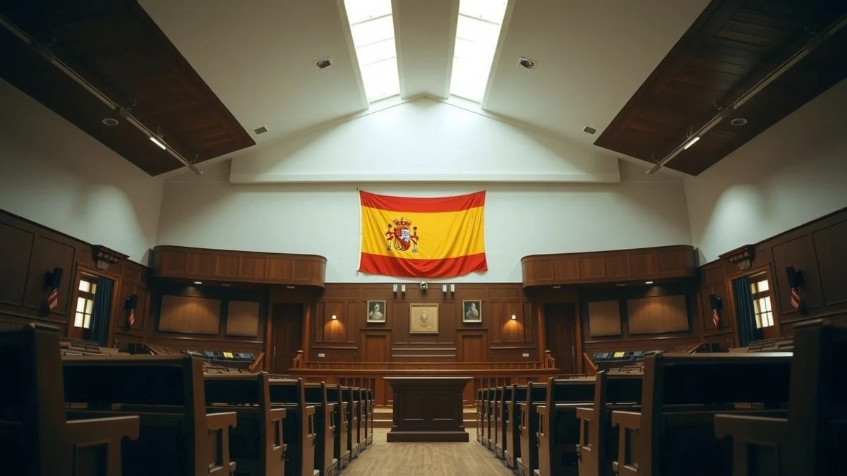 Imagen ilustrativa: sala de plenos vacía de un ayuntamiento, con bancadas de madera y luz natural entrando por las ventanas.
