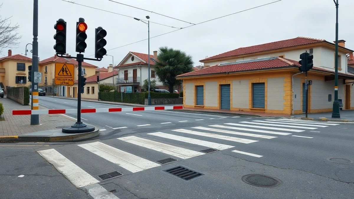 Imagen ilustrativa: un paso a nivel con barreras bajadas en una calle tranquila, con la estación de tren al fondo.