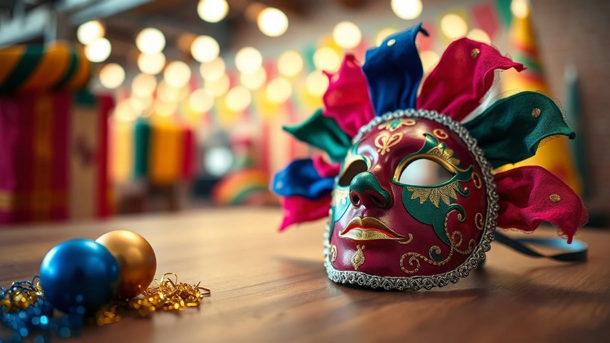 Imagen ilustrativa: primer plano de una máscara de carnaval y adornos festivos sobre una mesa de madera, con luces de fondo desenfocadas.