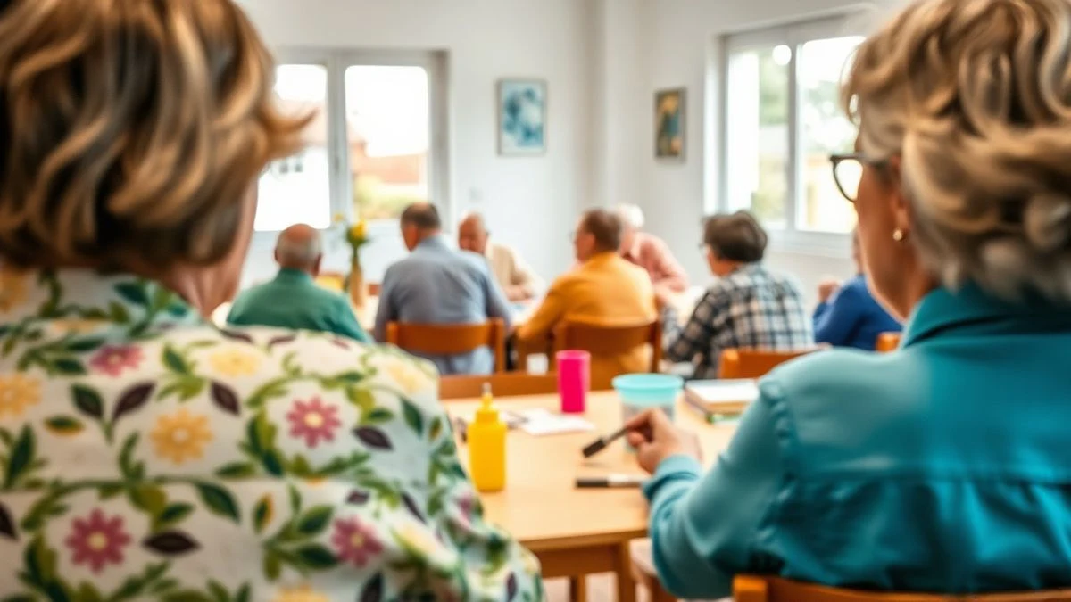 Illustrative image: a group of seniors from behind in a community centre room during an activity.