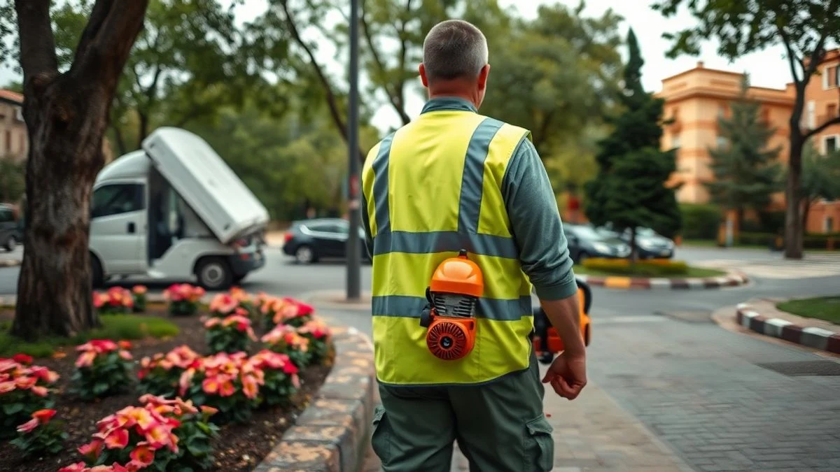 Imagen ilustrativa: un jardinero municipal de espaldas trabajando en un parque con un soplador de hojas.