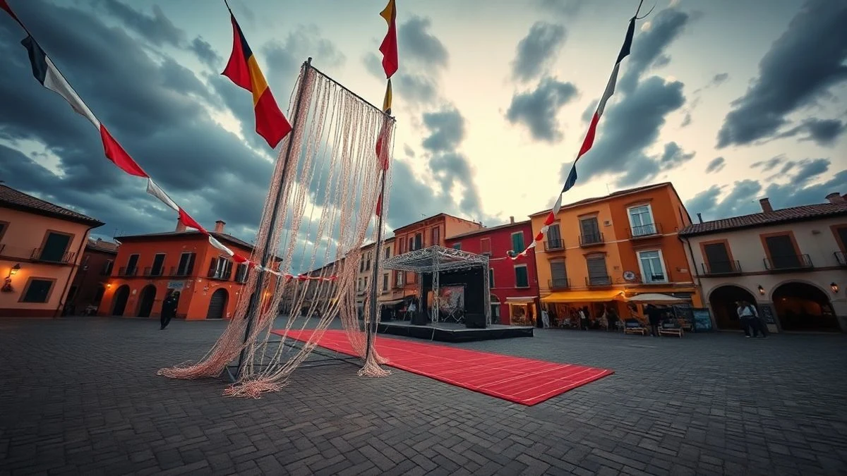 Imagen ilustrativa: plaza mayor engalanada con luces y banderines al atardecer, con un escenario al fondo.