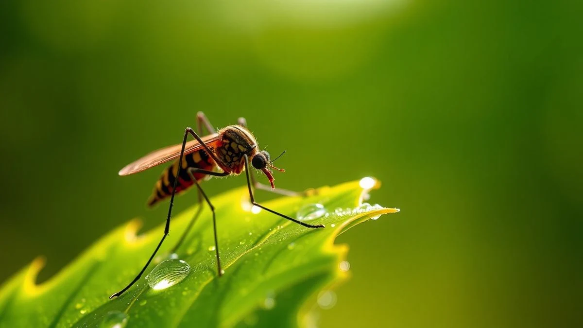 Imagen ilustrativa: un mosquito sobre una hoja con gotas de agua, iluminado por luz natural suave y fondo desenfocado.