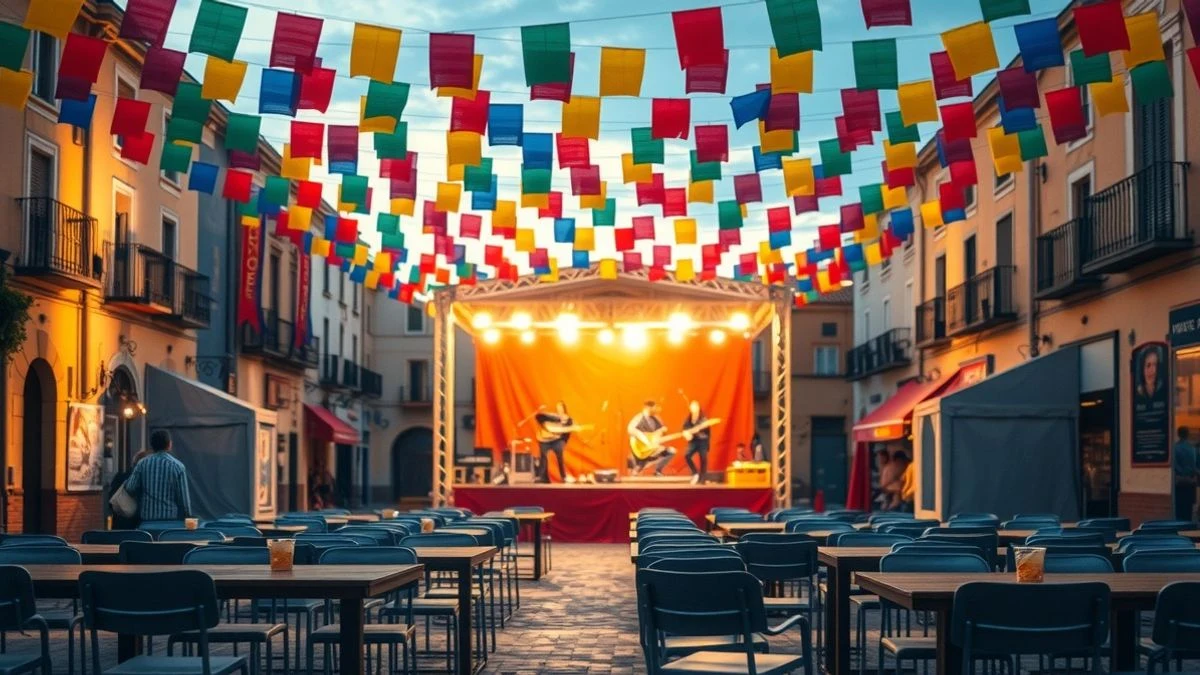 Imagen ilustrativa: plaza de un pueblo español engalanada con luces y guirnaldas para unas fiestas patronales, con un escenario al fondo.