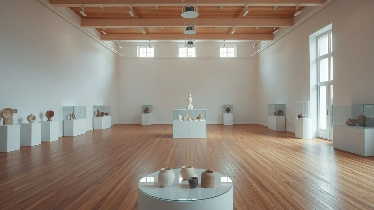Imagen ilustrativa: sala de exposiciones vacía con piezas de cerámica sobre pedestales y vitrinas, iluminada por luz natural