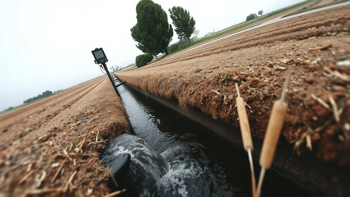 Imagen ilustrativa: una acequia con agua y un dispositivo de medición en una zona agrícola
