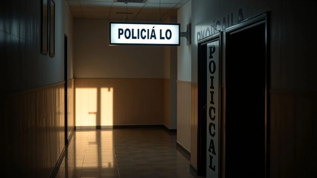Imagen ilustrativa: pasillo vacío de una comisaría de policía local con luz natural y sombras.