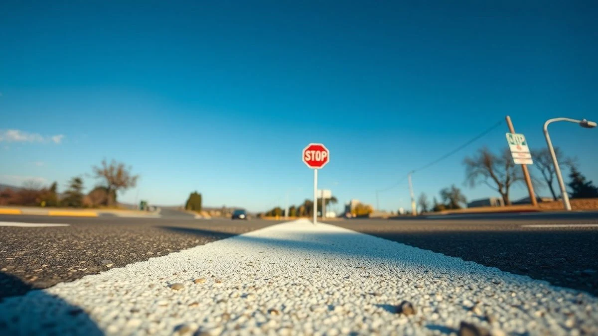 Imagen ilustrativa: paso de peatones recién pintado en una calle, con señal de stop al fondo y cielo azul.