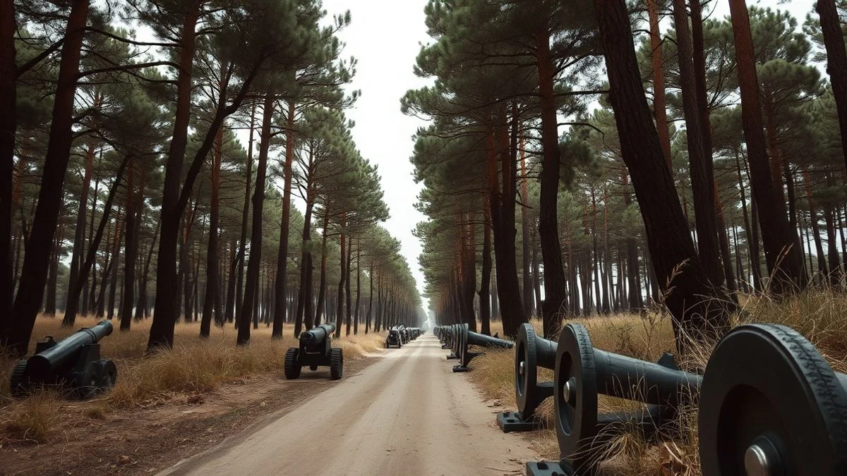 Illustrative image: water cannons in a Mediterranean forest with pines and dry ground, under a cloudy sky.