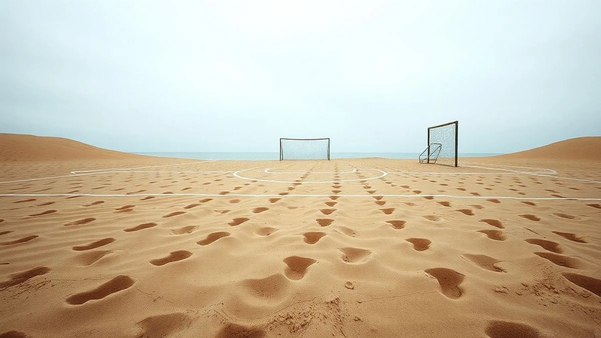 Imagen ilustrativa: una pista de balonmano playa vacía con porterías y arena, bajo un cielo nublado
