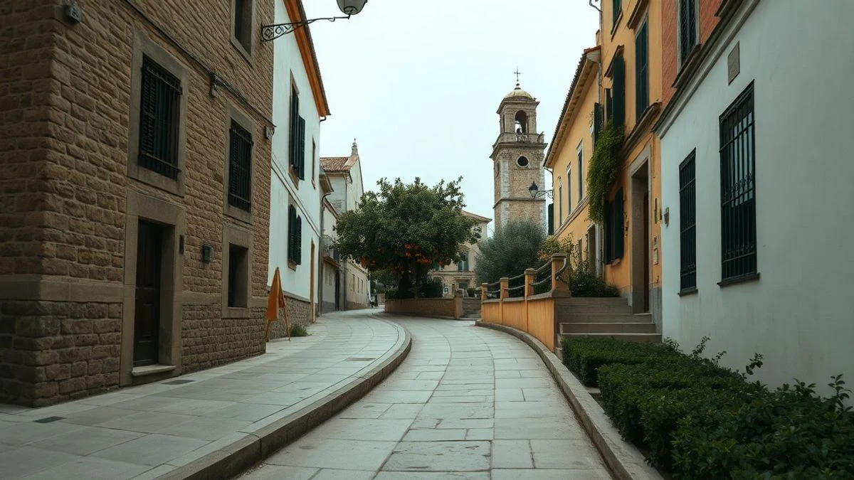 Illustrative image: cobbled street of a Mediterranean village with orange trees and a tower in the background, under a cloudy sky.