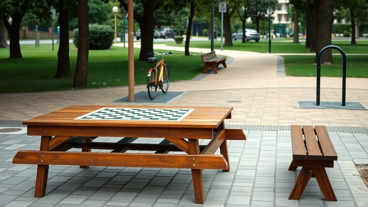 Imagen ilustrativa: nuevo mobiliario urbano de madera (mesas de pícnic y ajedrez, bancos y aparcabicis) en un parque con árboles.