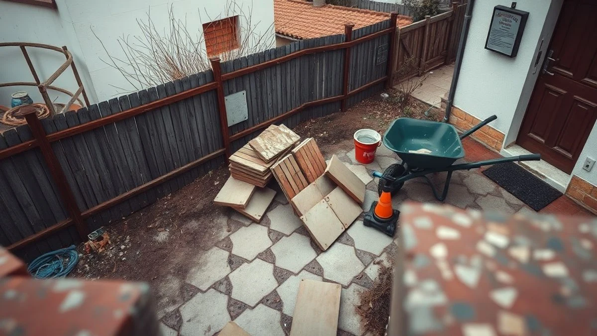 Imagen ilustrativa: vista cenital de un jardín en obras con materiales de construcción.