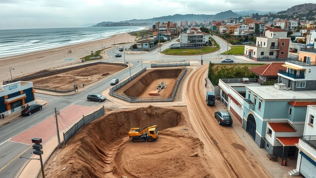 Imagen ilustrativa: vista aérea de una zona costera con calles sin terminar y terreno vacío junto a la playa.