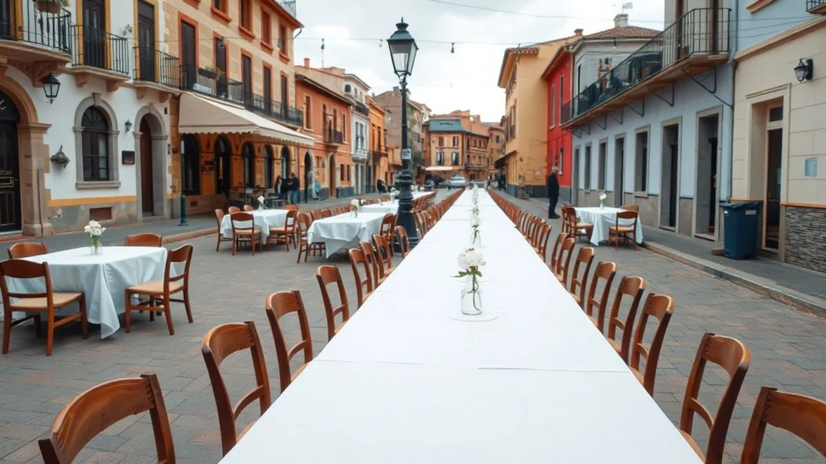 Imagen ilustrativa: mesa larga preparada para una comida comunitaria en una plaza española, con manteles blancos y luces decorativas.