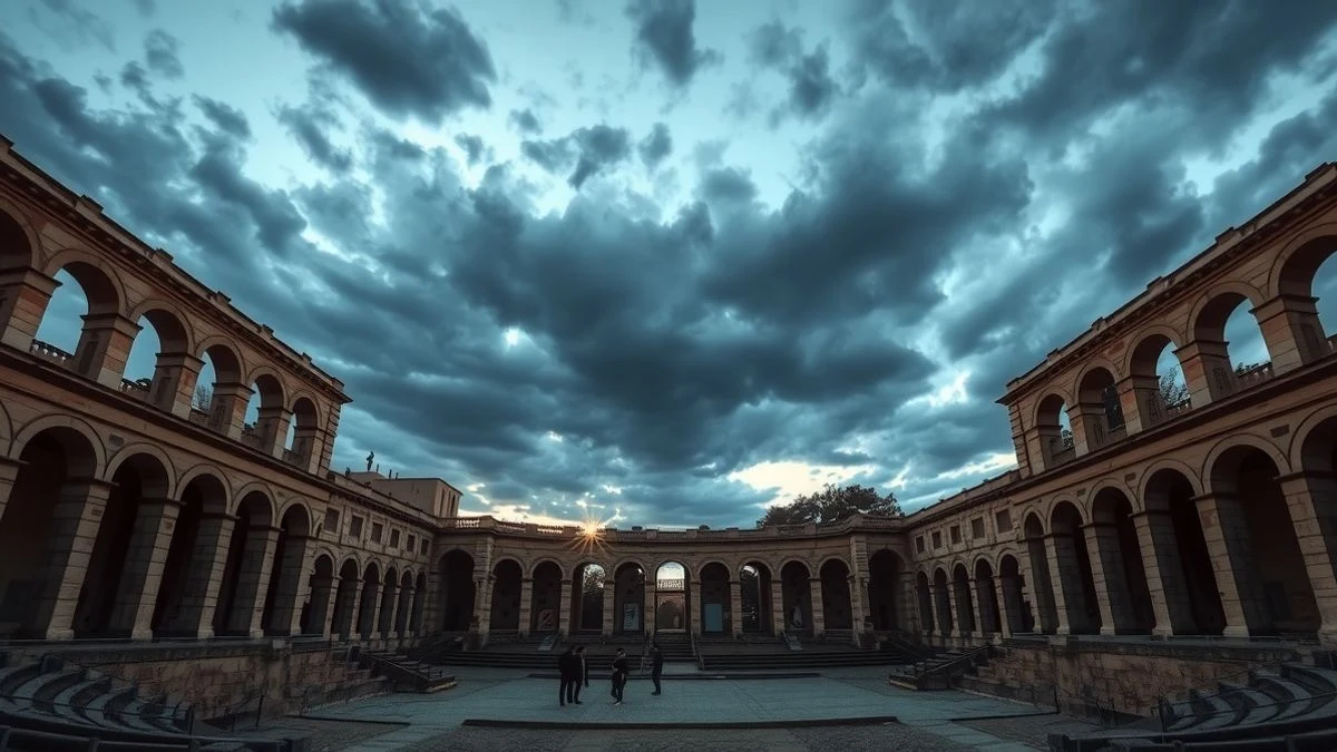 Imagen ilustrativa: vista general de un teatro romano antiguo al atardecer, con un grupo pequeño de figuras lejanas en el escenario