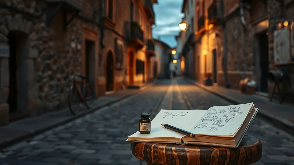 Imagen ilustrativa: un cuaderno de dibujo abierto y lápices sobre un taburete en una calle empedrada al atardecer, iluminada por una farola.