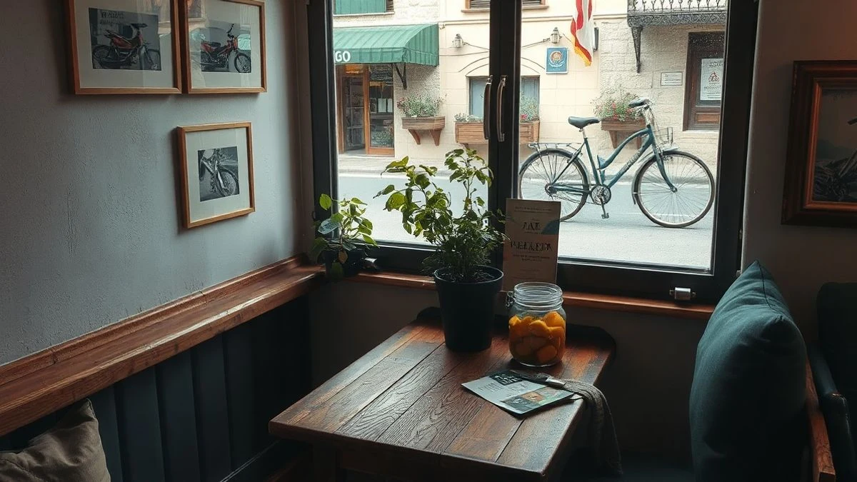 Imagen ilustrativa: interior de un bar con plantas y bicicleta, luz natural lateral