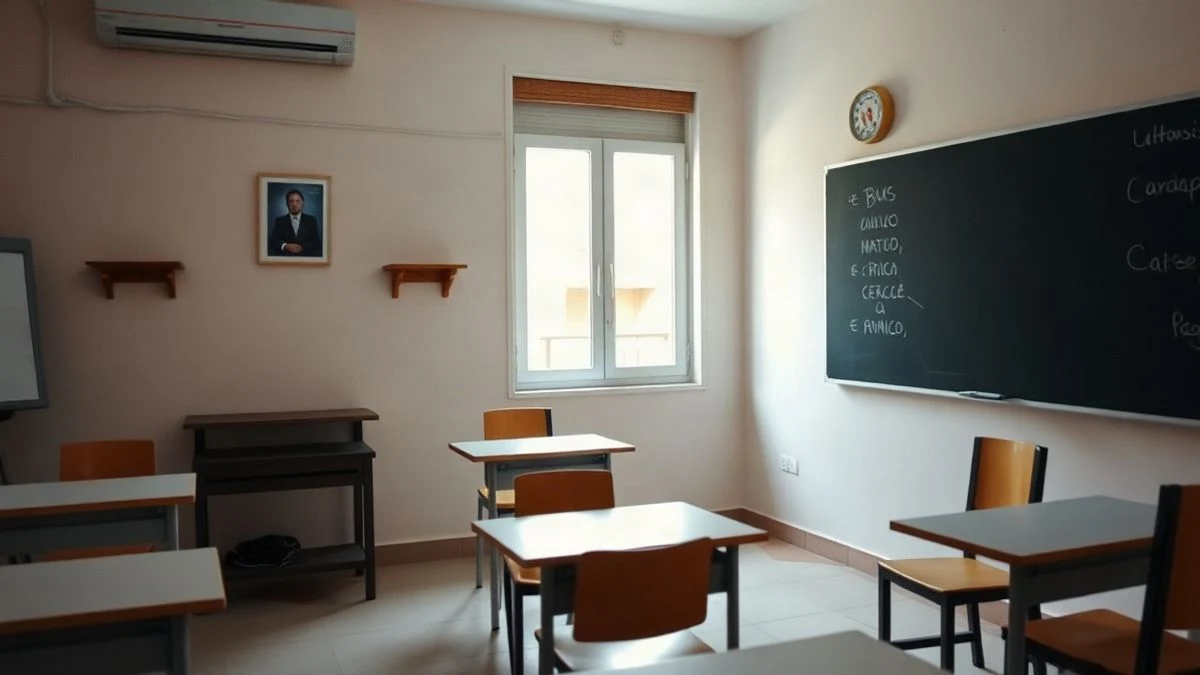 Imagen ilustrativa: aula vacía con pupitres y luz lateral de ventana, sin personas