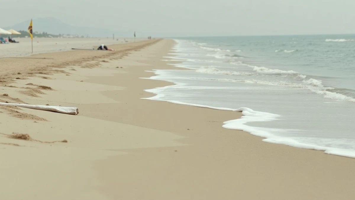 Imagen ilustrativa: playa mediterránea con sombrillas y arena, vista lateral con poca profundidad de campo