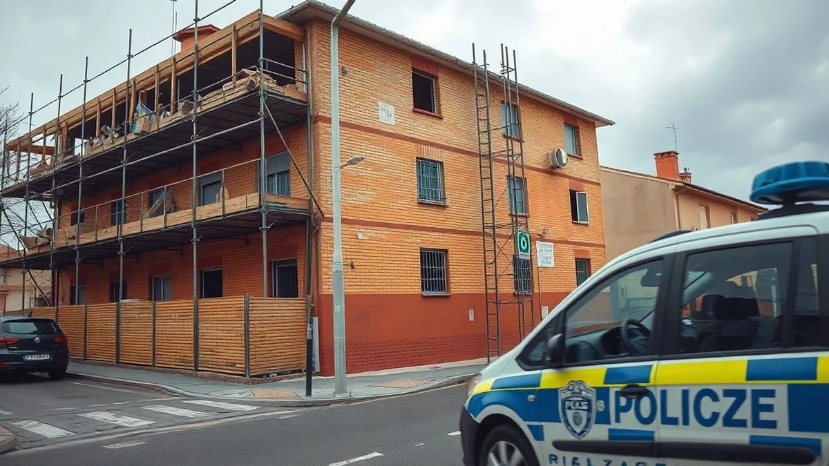 Imagen ilustrativa: un edificio en obras con andamios y un coche policial aparcado cerca.